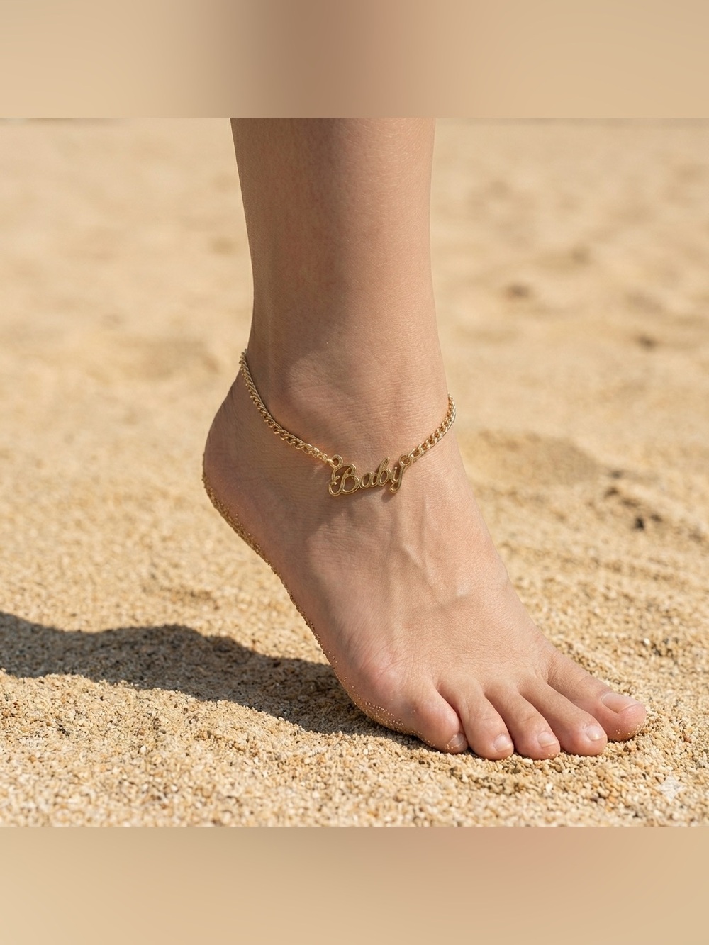 Gold Tone Baby Anklet Script Word Chain Bracelet Summer Jewelry Accessory NIP